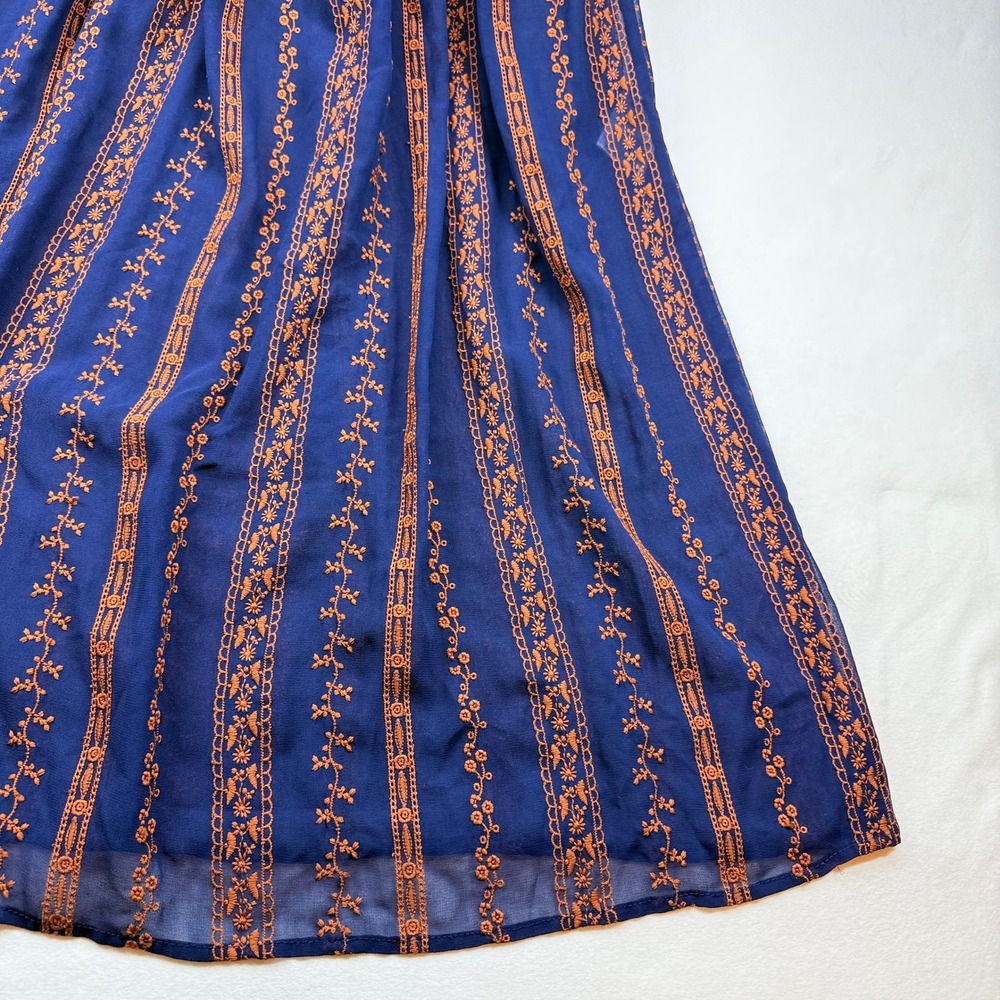 BCBGMAXAZRIA Navy Blue Orange Embroidered Lace Trim Maxi Dress Long Sleeve XXS - Picture 5 of 16